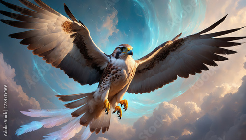 Fantasy Illustration of a wild falcon bird. Digital art style wallpaper background. photo