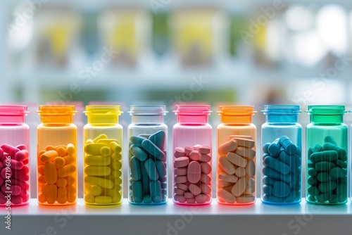 row of colorful pill containers behind clear window