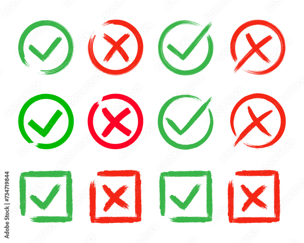 Dirty grunge cross x and tick OK check marks set in check boxes, hand drawn with brush strokes vector illustration isolated on white background. Check mark symbol NO and YES buttons for web vote, etc. Dirty grunge cross x and tick OK check marks set in check boxes, hand drawn with brush strokes vector illustration isolated on white background. Check mark symbol NO and YES buttons for web vote, etc.