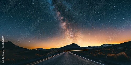 A highway under a sky full of stars, with a mountain range silhouette in the distance and the first light of dawn approaching photo
