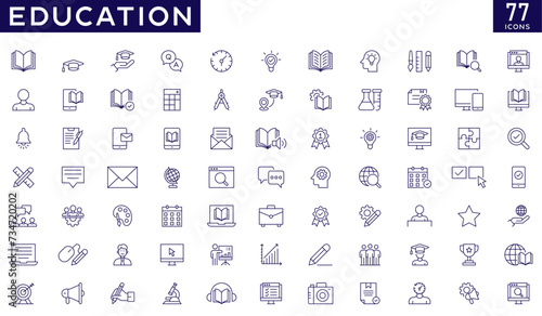 Education icons set with fully editable stroke thin line vector illustration with learning, school, success, subjects, education, academic, college, university, study, books, students, e-learning