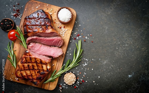 Beef steak. Grilled meat at wooden cutting board with spices. Top view image with copy space.