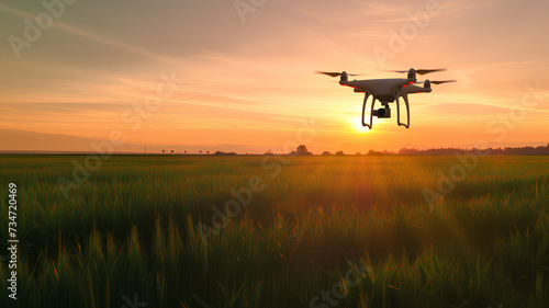 A modern quadcopter drone with a camera hovering above a lush green field against a vivid sunset backdrop.
 photo