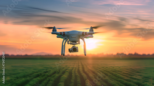 A modern quadcopter drone with a camera hovering above a lush green field against a vivid sunset backdrop.
 photo