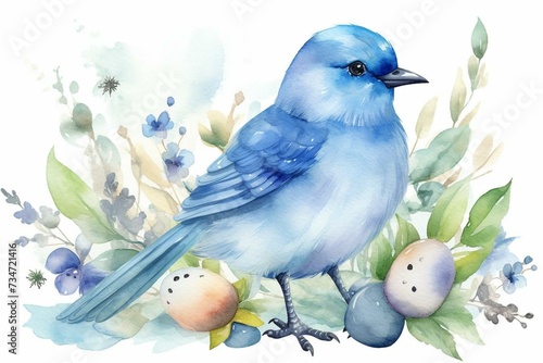Adorable blue bird with a watercolor illustration, representing cute animals and birds, symbolizing spring and happy Easter. A lucky charm. Generative AI © Amaryllis