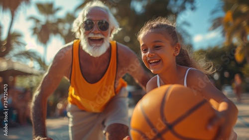 Grandfather and granddaughter playing basketball