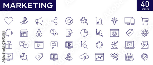 Marketing icons set with fully editable stroke thin line vector illustration with  online advertising, digital marketing, social media, communication, feedback, e-commerce, SEO, sale, website, content