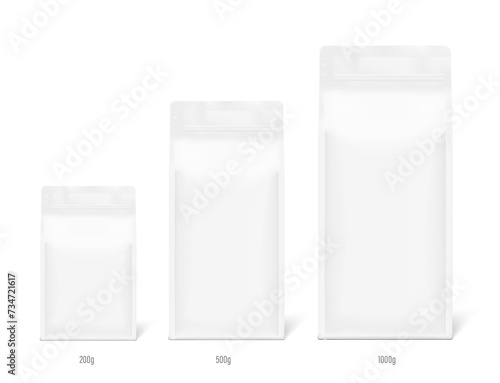 Vertical flat bottom gusset bag with zip lock mockups. Front view. Vector illustration isolated on white background. Ready for use in presentation, promo, advertising and more. EPS10.