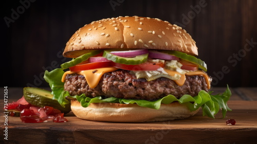 Ultimate Grilled Burger Experience - A beef burger loaded with cheese, veggies, on a toasty sesame bun.