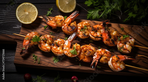 Juicy grilled shrimp skewers seasoned with herbs, resting on a rustic wooden cutting board, highlighted by a squeeze of fresh lemon