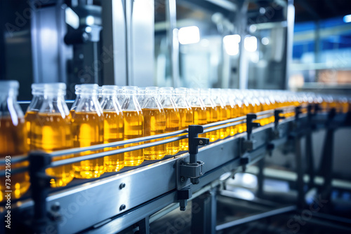 bottles with juice on conveyor background