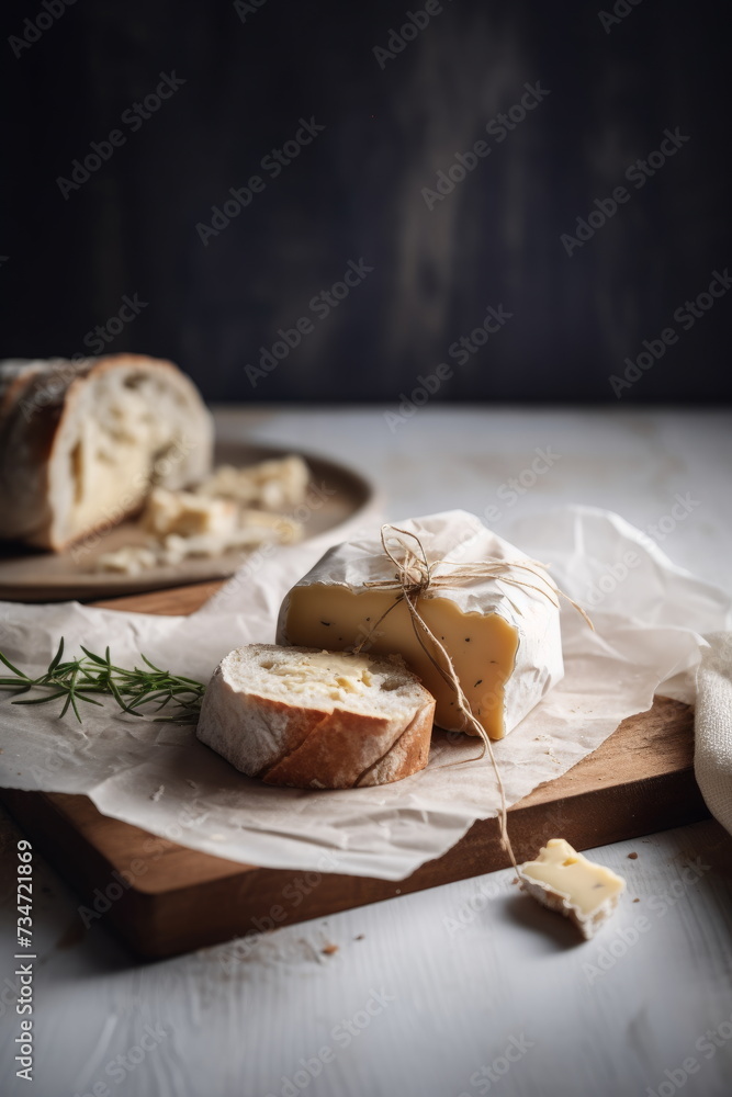 Artisan Cheese and Bread - A rustic composition of firm cheese tied with twine and fresh bread.