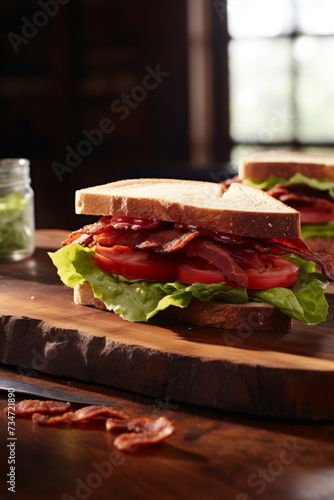 Gourmet Bacon Lettuce Tomato Sandwich - A delectable sandwich on a wooden cutting board.