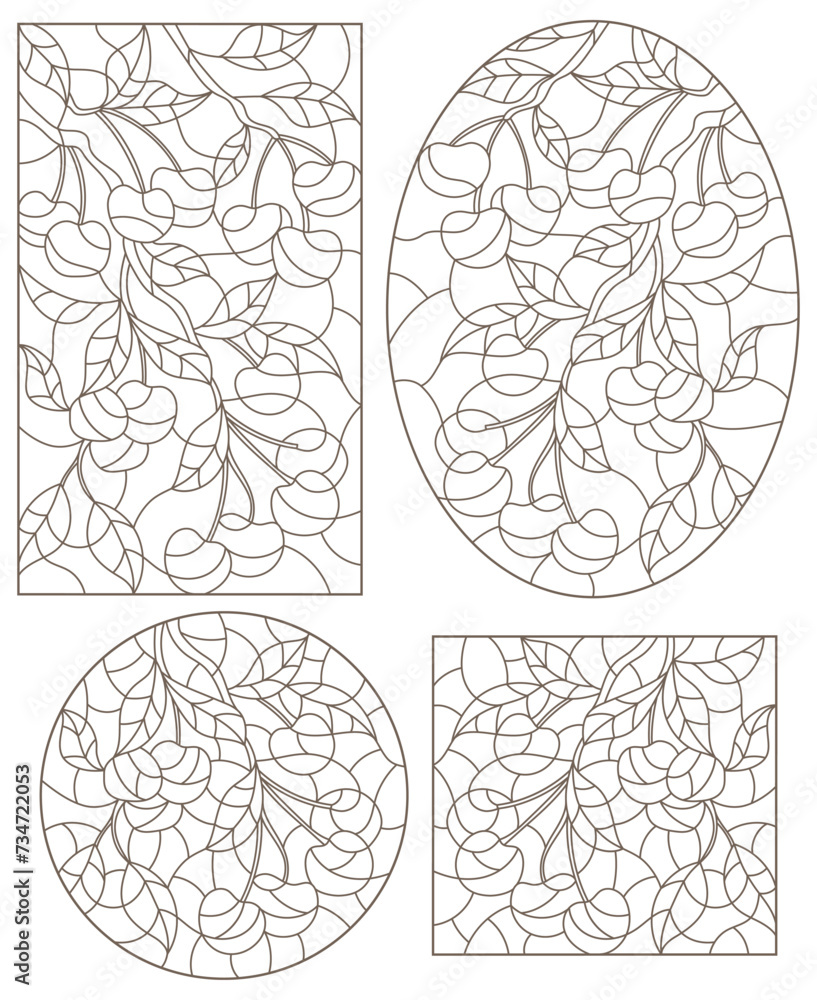 Set contour illustrations of stained glass style with a branch of cherry, dark contour on white background