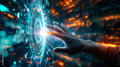 A human hand with a digital wireframe reaching out to a dynamic, glowing holographic interface in a high-tech environment.