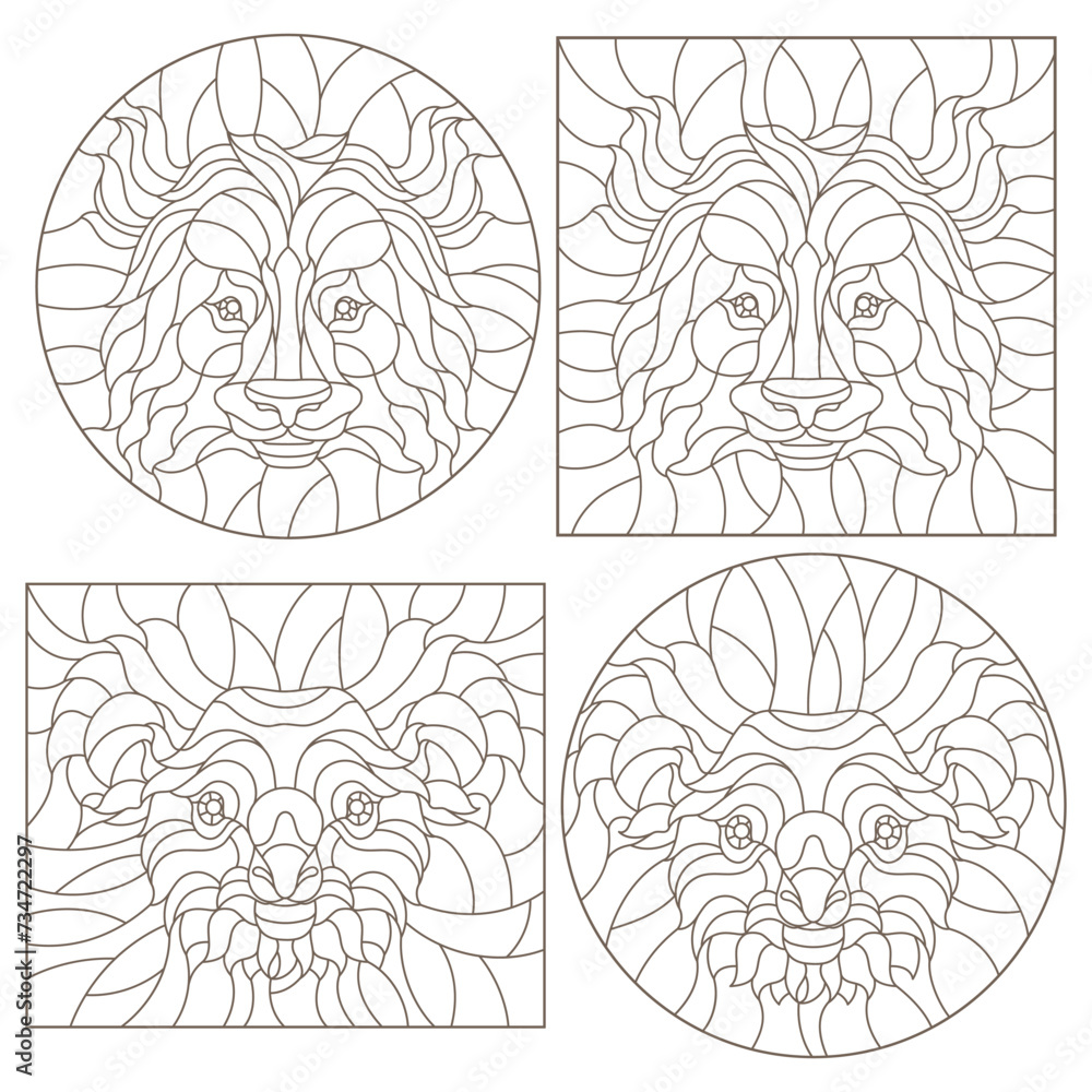 Obraz premium A set of contour illustrations in the style of stained glass with portraits of pandas and koalas, dark contours on a white background
