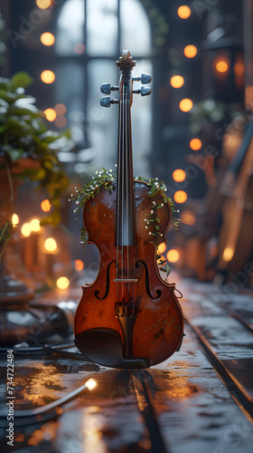 a claasic violin standing in the streets photo