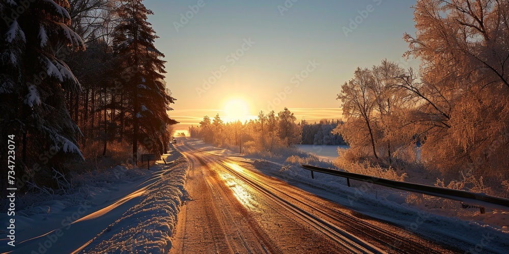 A highway through a landscape of frozen lakes and snow-covered trees, with the sun rising in a clear, cold sky