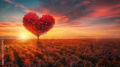 Heart-shaped tree growing on a flowery plain, bathed in the warm glow of the setting sun