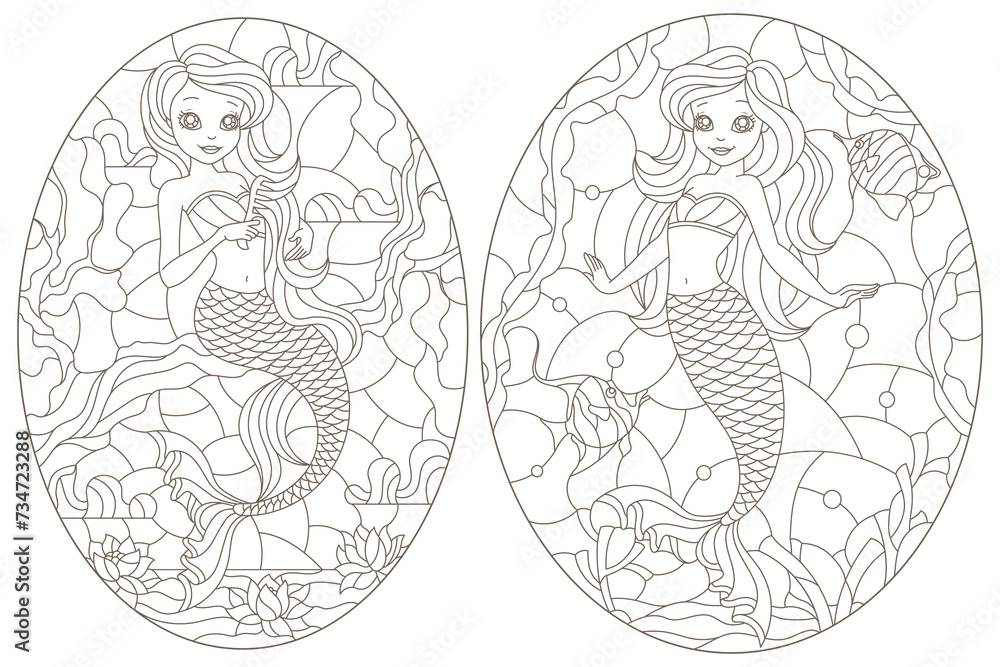 Fototapeta premium Set of contour illustrations of stained glass Windows with mermaids, dark contours on a white background