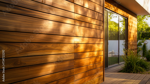 Wall construction with insulating wood cladding in countryard. photo