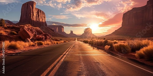 A highway that cuts through a desert, with towering red sandstone mountains on either side as the sun rises in the background