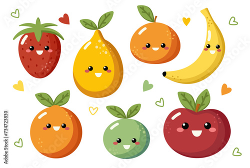 Cartoon fruit character set. Funny emoticon in flat style. Food emoji vector illustration. Strawberry, banana, orange, apple, tangerine, lemon, lime.