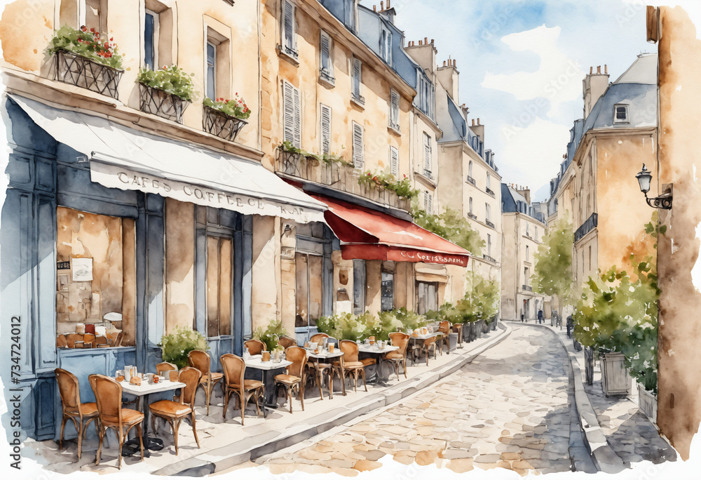 Vintage Parisian Charm Cobblestone Street Café in Oil Painting, Morning Atmosphere with Blue and Beige Tones