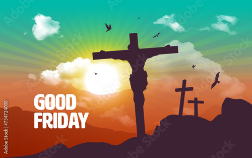 Good Friday background, it is finished text banner with Cross, crucifix on hill and bird flying at going sunset for good friday, vector design illustration photo