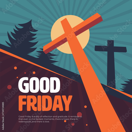 Good Friday background, it is finished retro style text banner with Cross, crucifix on hill, vector design illustration