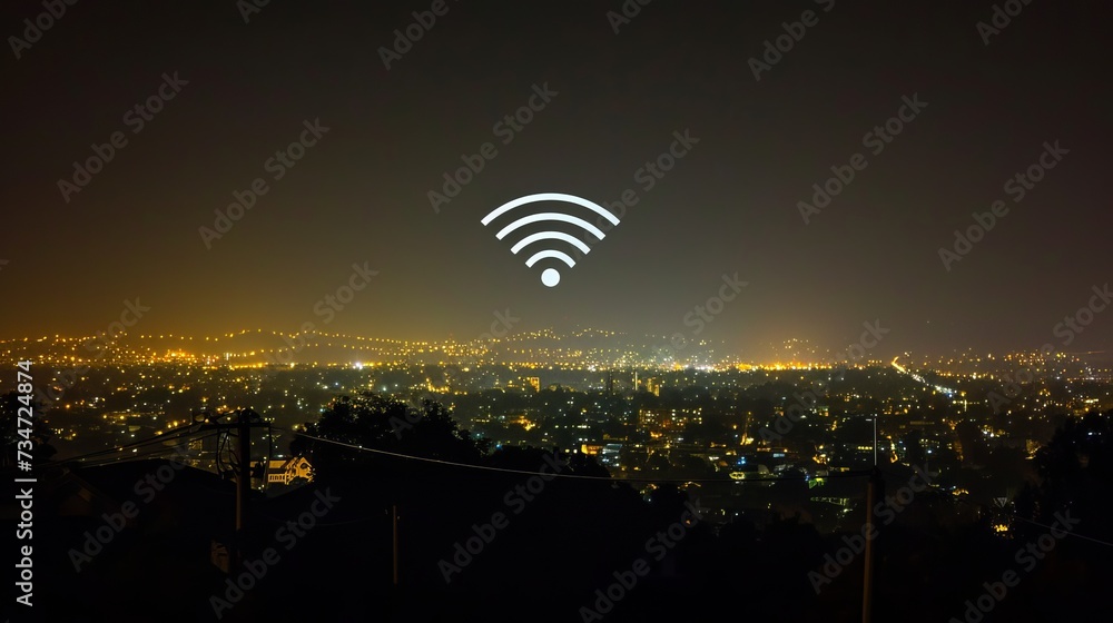 Modern metropolis with wireless network connection and urban landscape concept. Nighttime urban background with wireless network and connection technology concept.