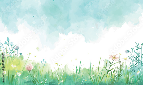 grass and flowers with sky watercolor background