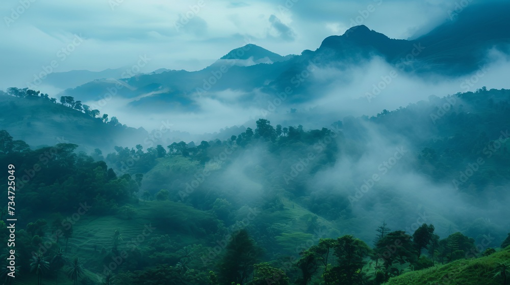 Mist-covered mountains in the morning, breathtaking natural beauty from Kerala, God's own Country, travel and tourism concept picture, peaceful, fresh nature image