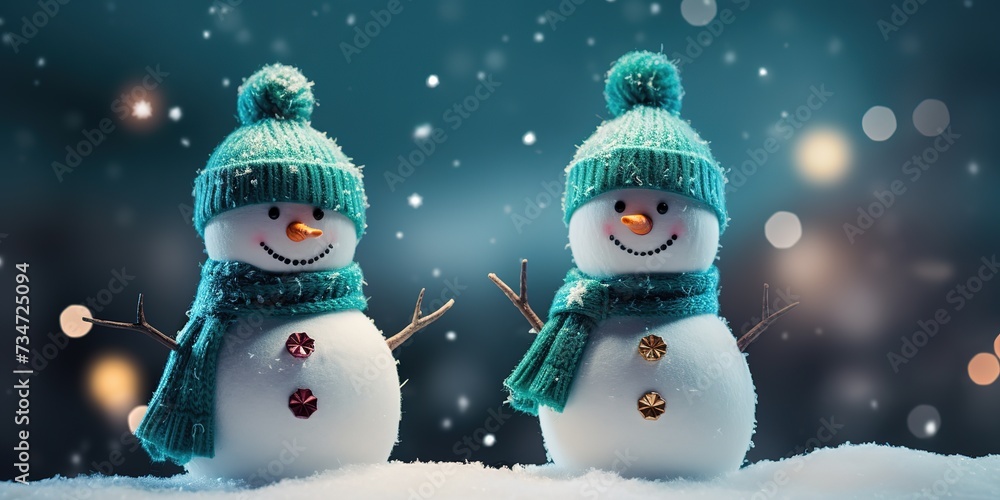 Fototapeta premium Cute snowman standing in winter Christmas forest,