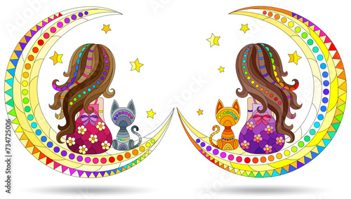 A set of stained glass illustrations with a girl and a cat on the moon, isolated on a white background