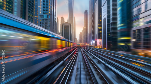 a train in blurred motion slicing through the heart of a bustling metropolis, embodying the pulse of urban life
