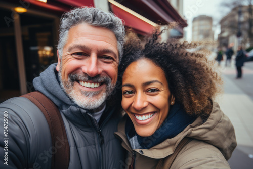 Couple capturing moment together by taking selfie on bustling city street. Perfect for social media, travel, and lifestyle themes