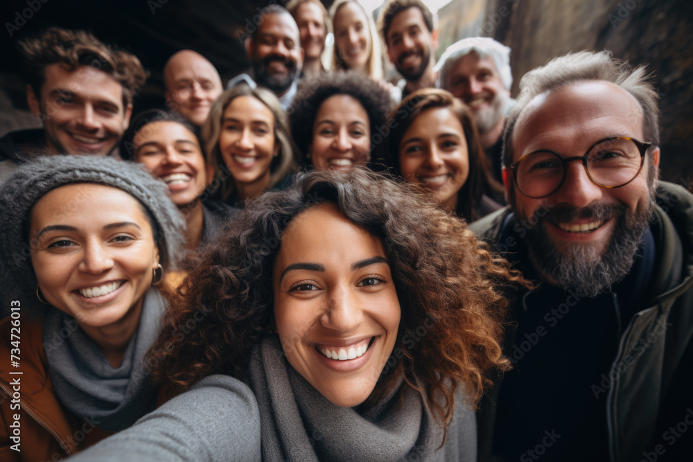 Group of people posing together and taking selfie. This image can be used to showcase friendship, social gatherings, or capturing moments with loved ones Group of people posing together and taking selfie. This image can be used to showcase friendship, social gatherings, or capturing moments with loved ones