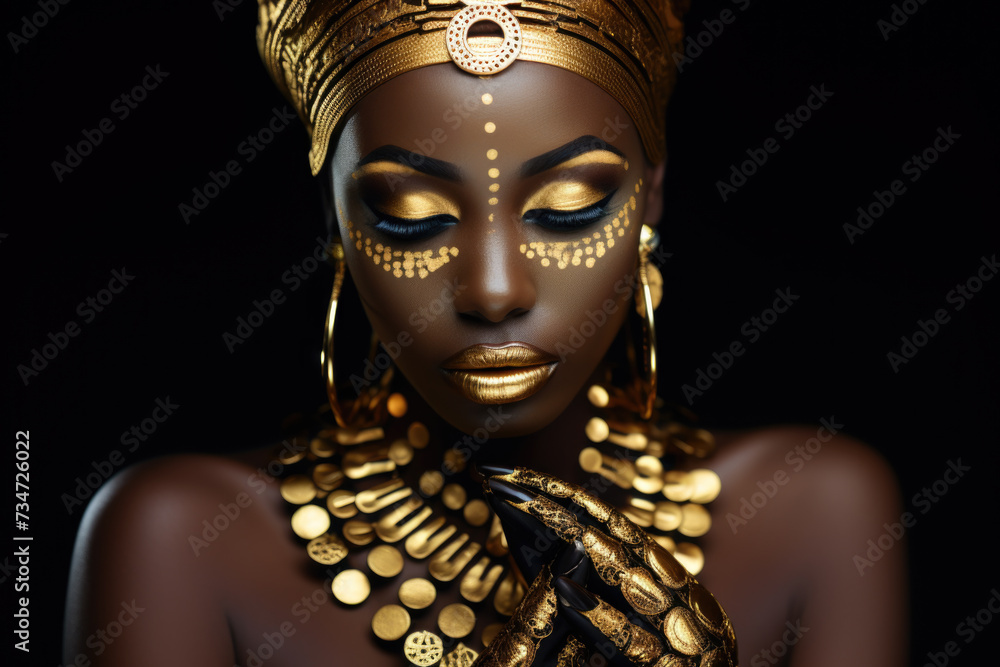 Close-up shot of woman with stunning gold makeup. Perfect for beauty and fashion-related projects