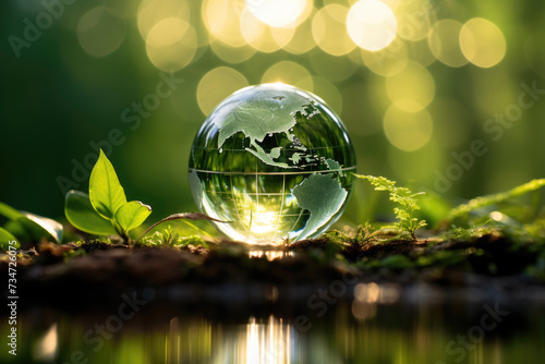 Glass globe sitting on top of vibrant and lush green forest. Perfect for illustrating concepts of nature, environment, conservation, or travel destinations