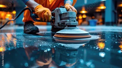 Worker polishing epoxy floor with high speed polishing machine