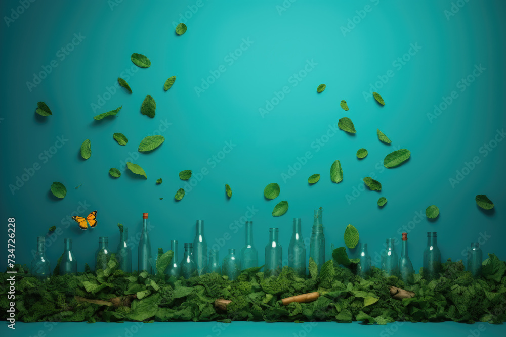 Fototapeta premium Bottles with leaves flying around them. Versatile image suitable for various projects