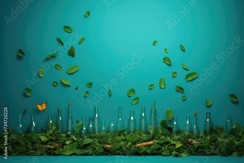 Bottles with leaves flying around them. Versatile image suitable for various projects