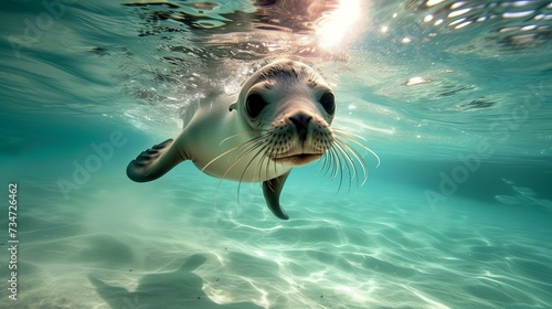 The Galapagos Islands' tidal lagoon features a sea lion swimming beneath the surface.
