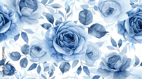 Blue roses in a seamless pattern, watercolor flowers and foliage, a sophisticated, never-ending botanical print, wallpaper, and a repeating fashion print for clothing and fabrics. #734726482