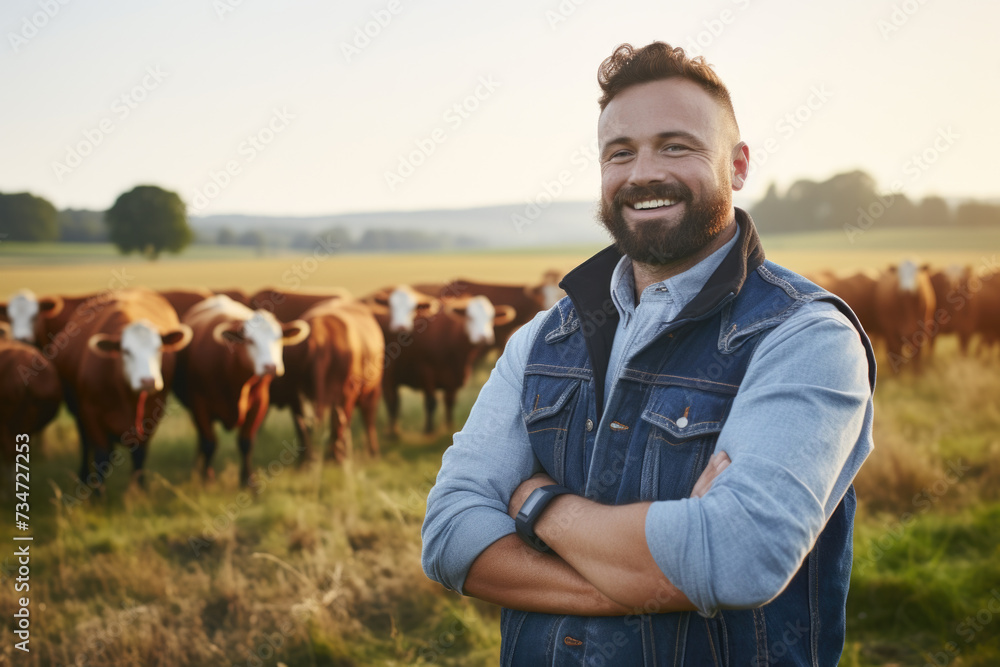 Man confidently stands in front of herd of cows. This image can be used to depict concepts of courage, leadership, and facing challenges in agricultural industry Man confidently stands in front of herd of cows. This image can be used to depict concepts of courage, leadership, and facing challenges in agricultural industry