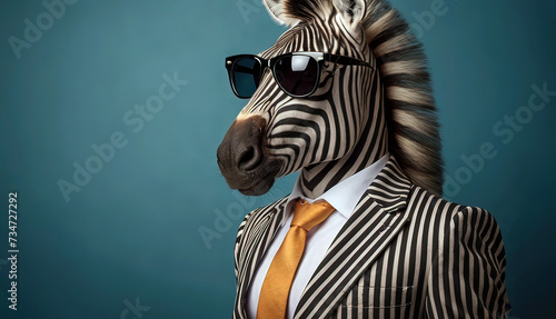 Cool looking zebra wearing funky fashion dress - jacket  tie  sunglasses  plain colour background  stylish animal posing as supermodel