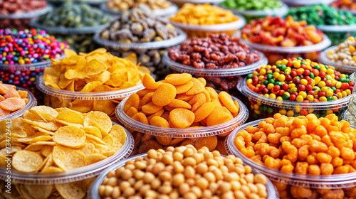 Assorted colorful snacks and sweets displayed in clear containers at a market stall.