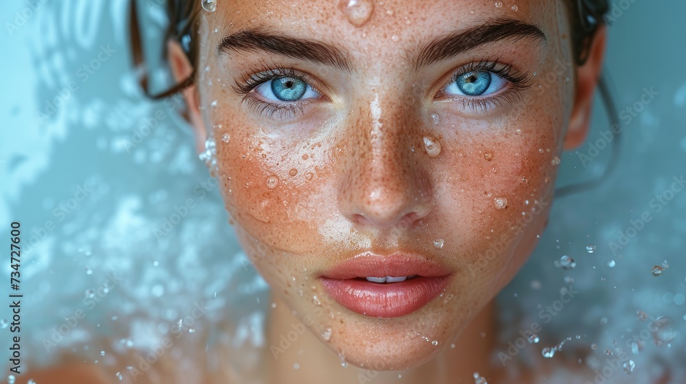 Hydrated Skin Beauty with Captivating Blue Eyes and Water Droplets Hydrated Skin Beauty with Captivating Blue Eyes and Water Droplets