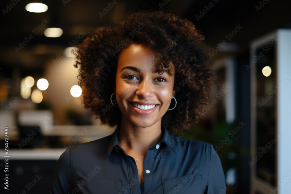 Woman with curly hair smiling at camera. Perfect for lifestyle and beauty concepts Woman with curly hair smiling at camera. Perfect for lifestyle and beauty concepts